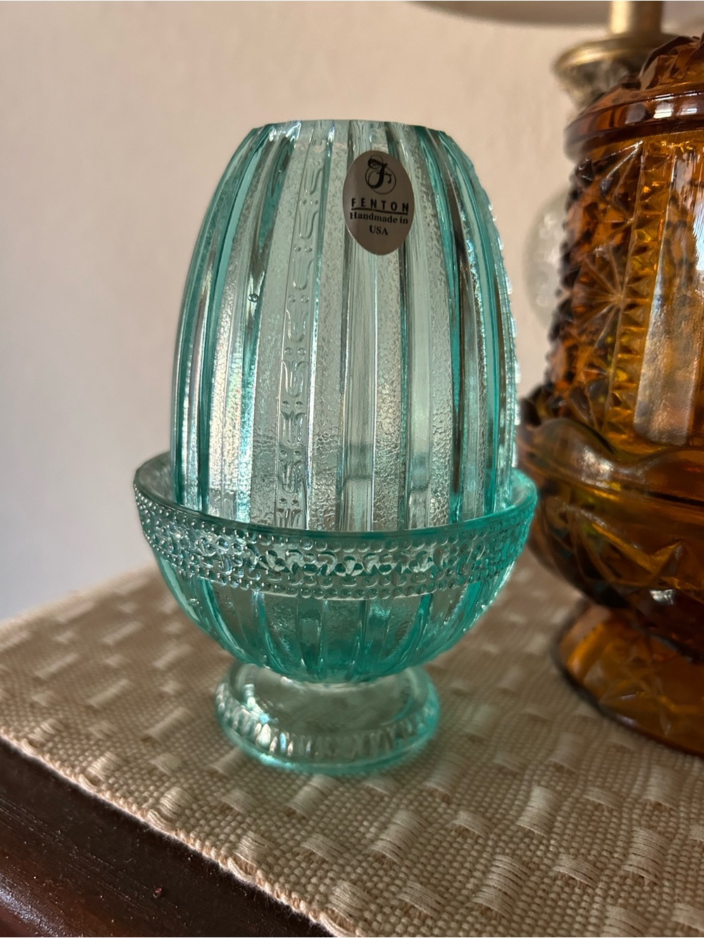 Fenton Aqua Ribbed Art Glass Egg with Pedestal